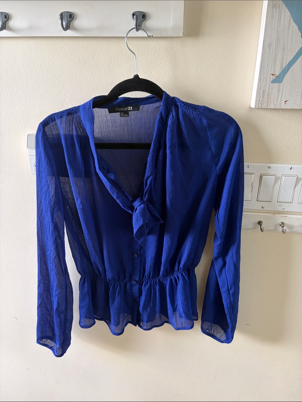 Forever 21 Cobalt Blue Sheer Tie-Neck Peplum Blouse